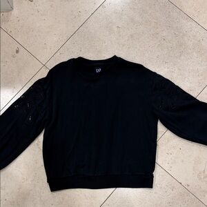 GAP Women's Black Crewneck with Embroidered Sleeves